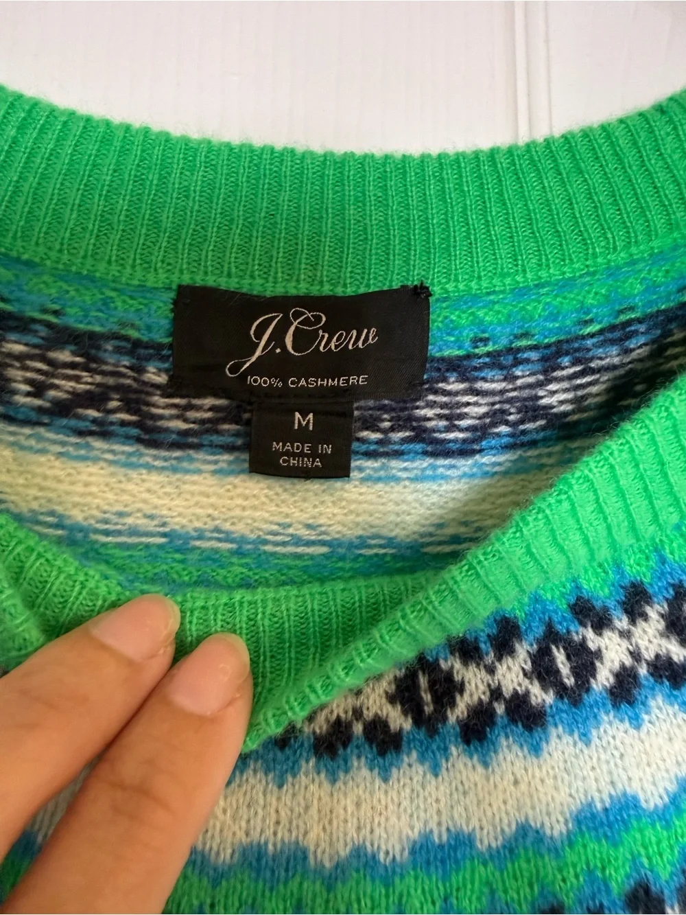J.Crew 100% Cashmere Fair Isle Sweater Green Blue Nordic Print Size M